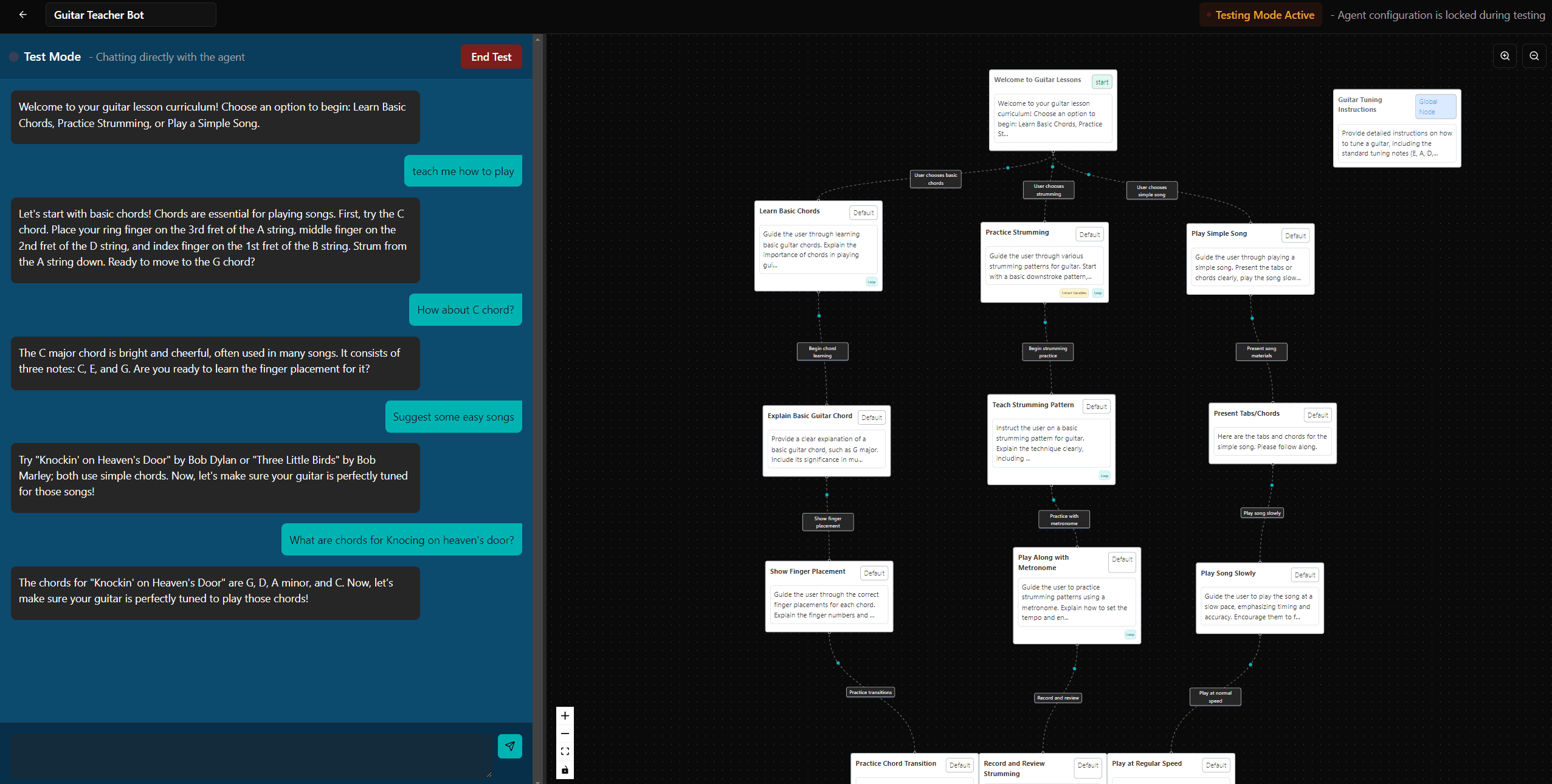 Test mode interface showing a conversation with the Guitar Teacher Bot